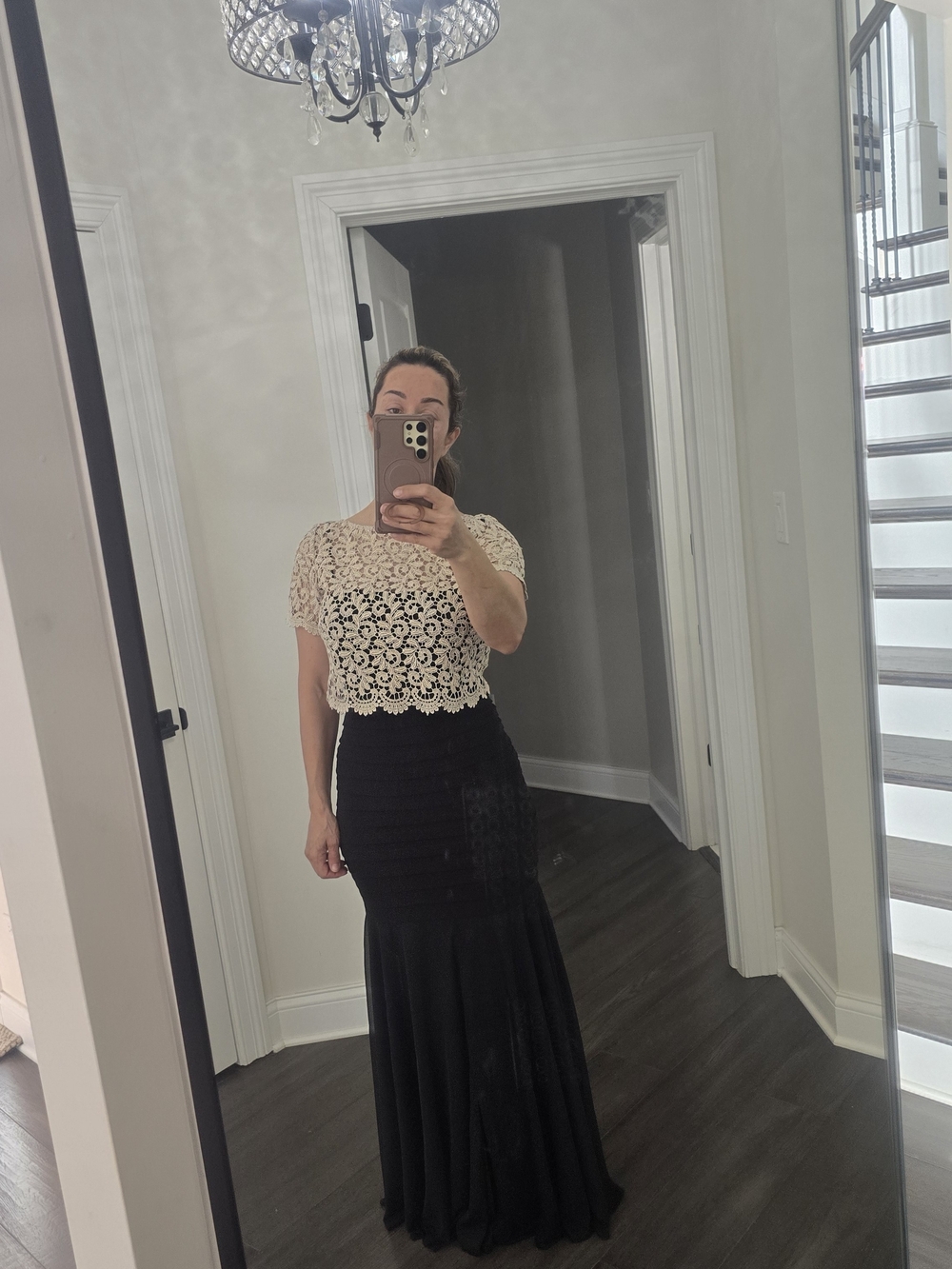 Lace Crop Top and Black Mermaid Skirt Set - Cream & Black